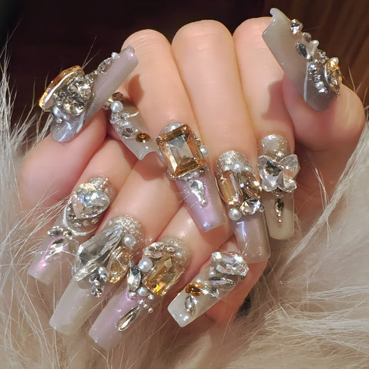 10pcs Handmade Heavy Metal False Nails with Gold Crystal Design Fake Nails - Pansytracy