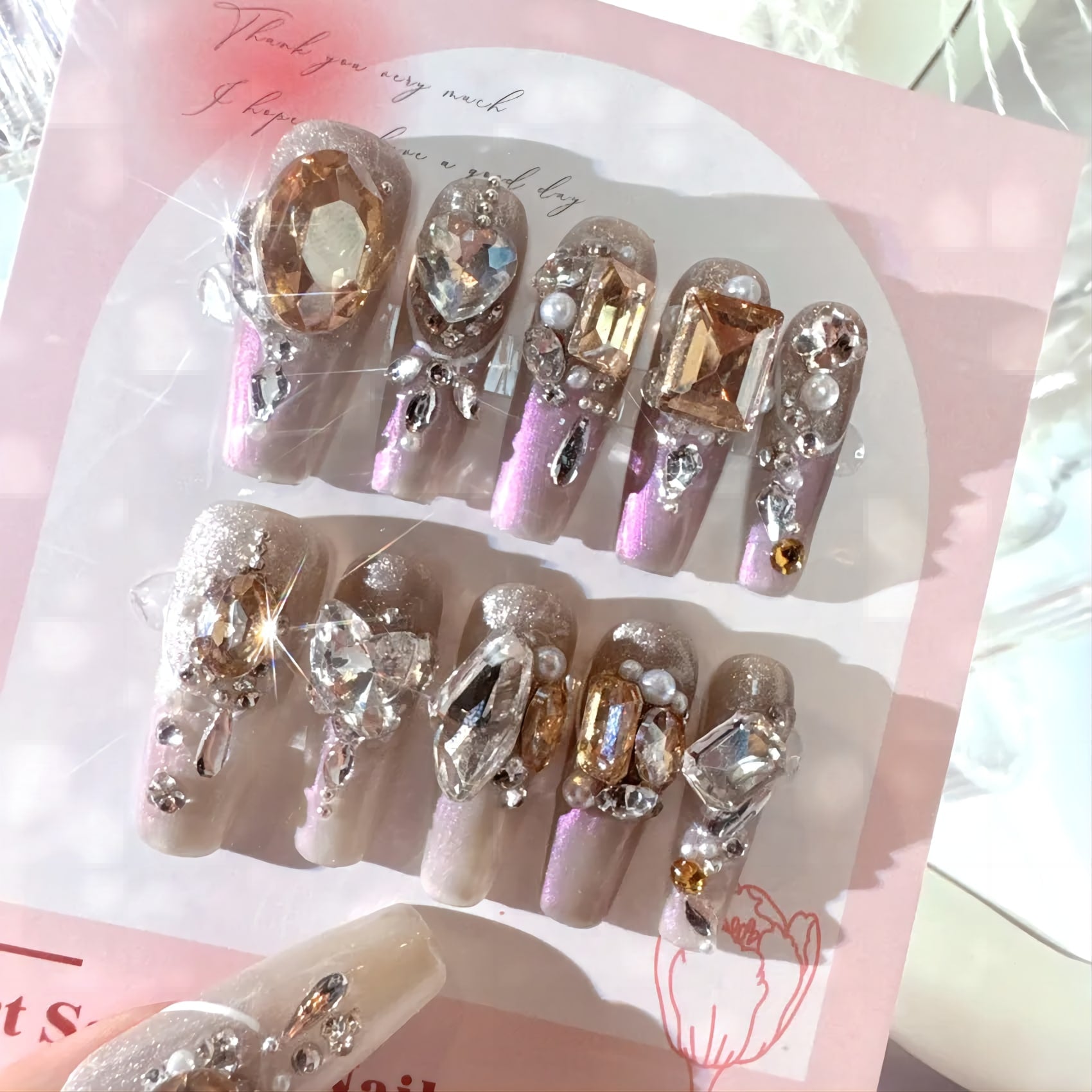 10pcs Handmade Heavy Metal False Nails with Gold Crystal Design Fake Nails - Pansytracy