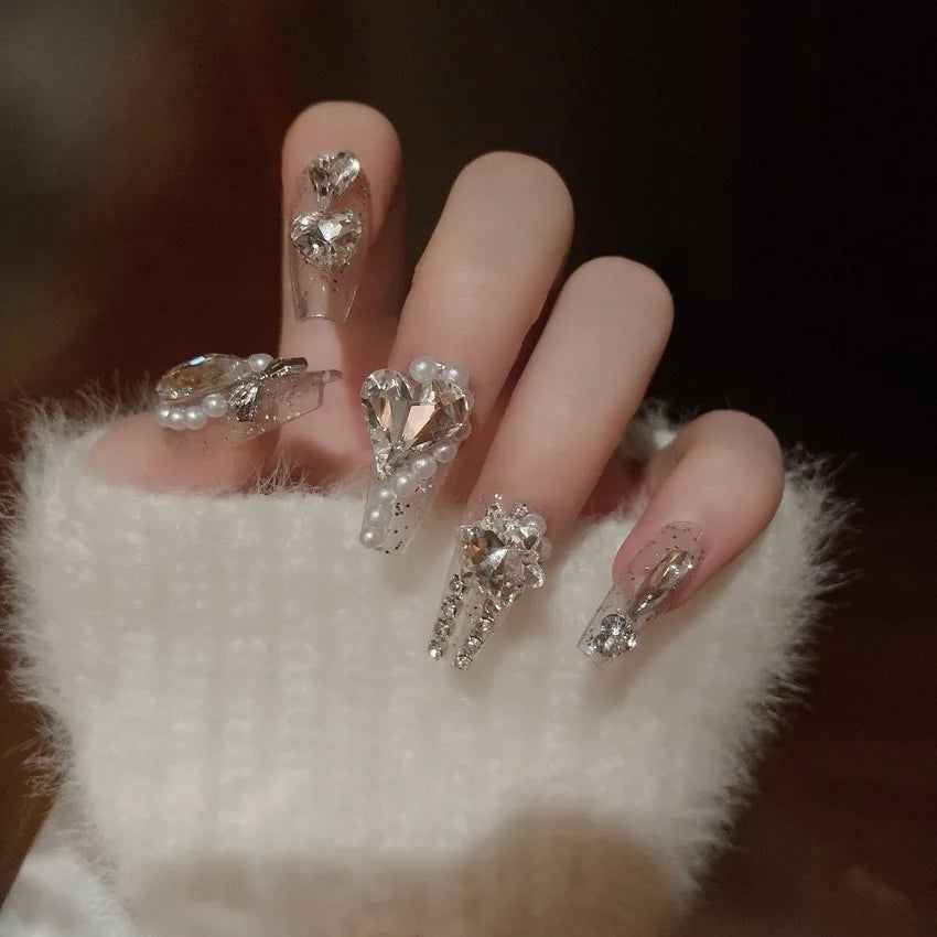 24pcs Handamde White Large Crystal False Nails 3D Rhinestone Pearl Decor - Pansytracy