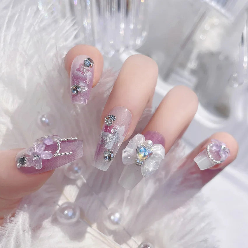 24pcs Handamde Glitter Large Crystal False Nails 3D Rhinestone Pearl Decor - Pansytracy