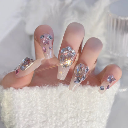 24pcs Handamde Glitter Large Crystal False Nails 3D Rhinestone Pearl Decor - Pansytracy