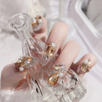 24pcs Handamde Glitter Large Crystal False Nails 3D Rhinestone Pearl Decor - Pansytracy