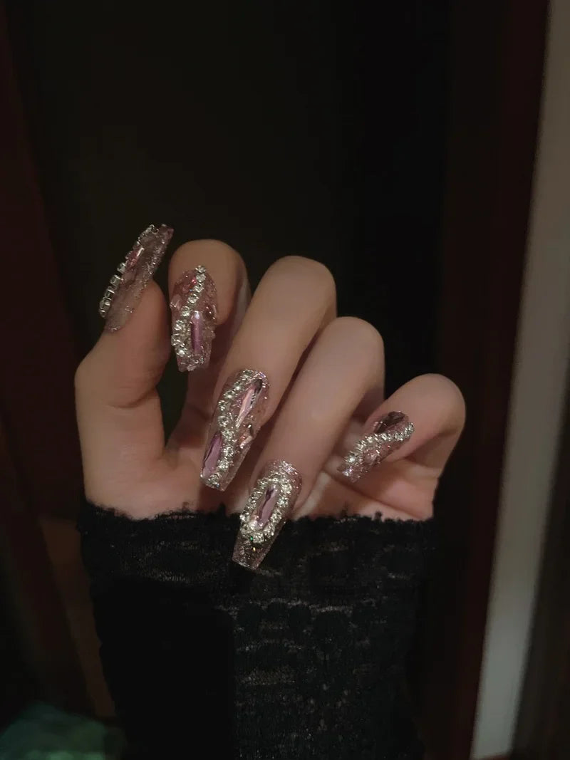24pcs Handamde Large Crystal False Nails 3D Rhinestone Pearl Decor - Pansytracy