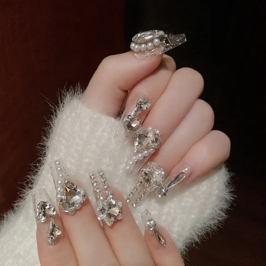 24pcs Handamde White Large Crystal False Nails 3D Rhinestone Pearl Decor - Pansytracy