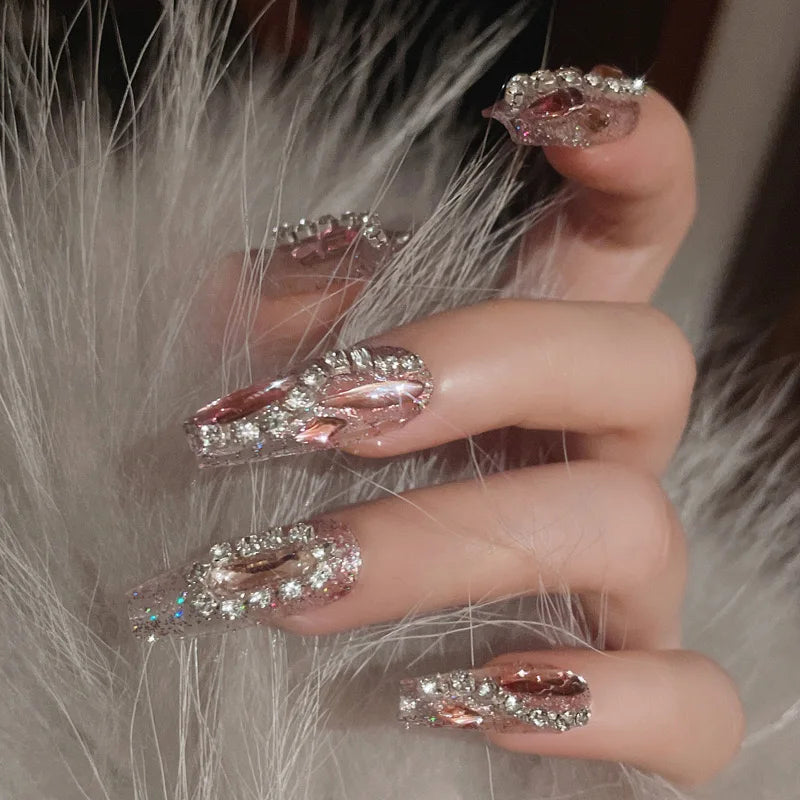 24pcs Handamde Large Crystal False Nails 3D Rhinestone Pearl Decor - Pansytracy