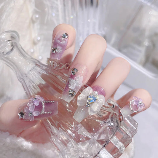 24pcs Handamde Glitter Large Crystal False Nails 3D Rhinestone Pearl Decor - Pansytracy