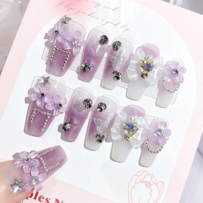 24pcs Handamde Glitter Large Crystal False Nails 3D Rhinestone Pearl Decor - Pansytracy
