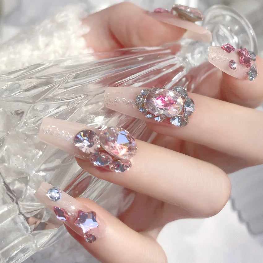 24pcs Handamde Glitter Large Crystal False Nails 3D Rhinestone Pearl Decor - Pansytracy