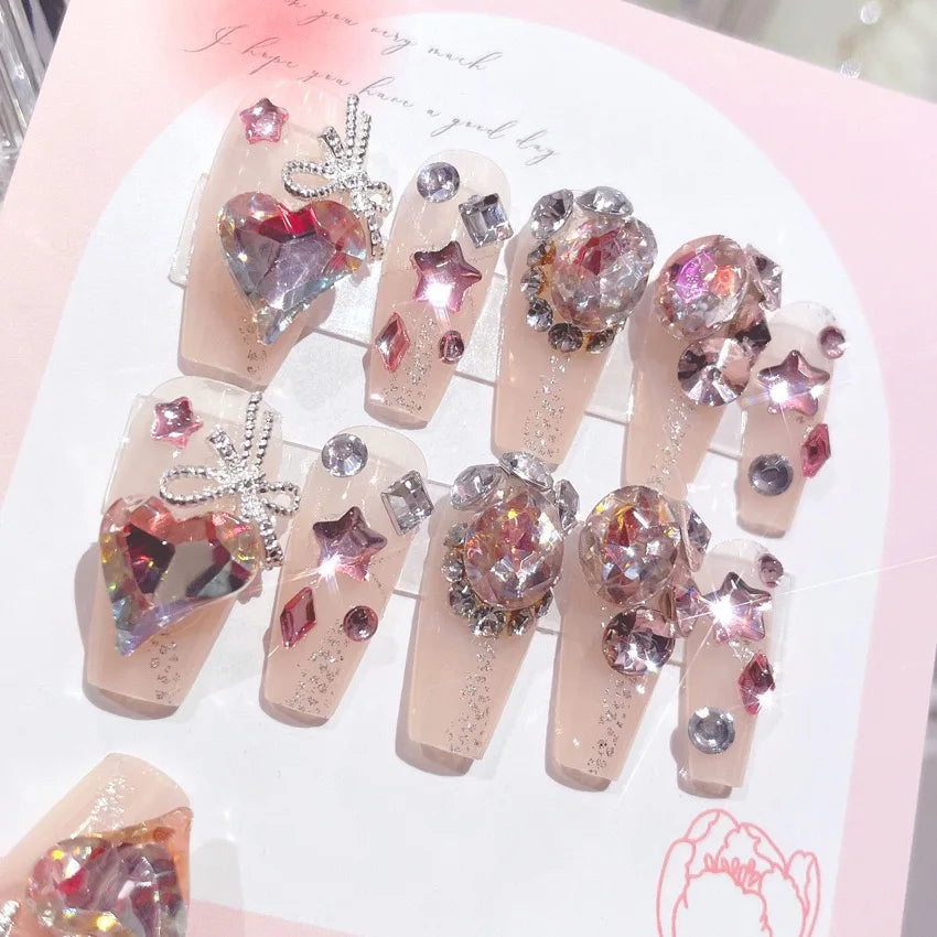 24pcs Handamde Glitter Large Crystal False Nails 3D Rhinestone Pearl Decor - Pansytracy