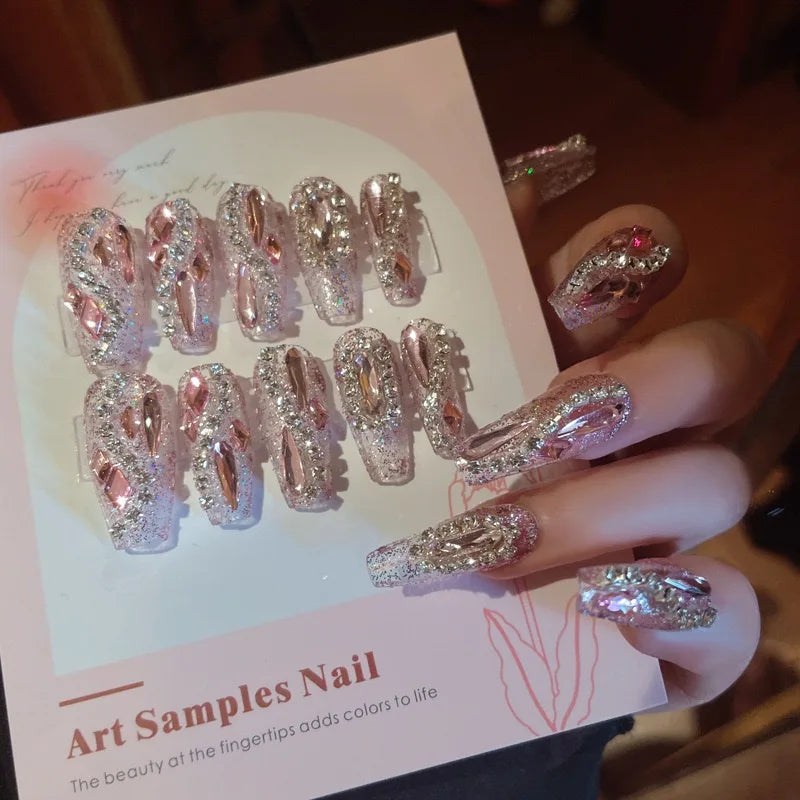 24pcs Handamde Large Crystal False Nails 3D Rhinestone Pearl Decor - Pansytracy