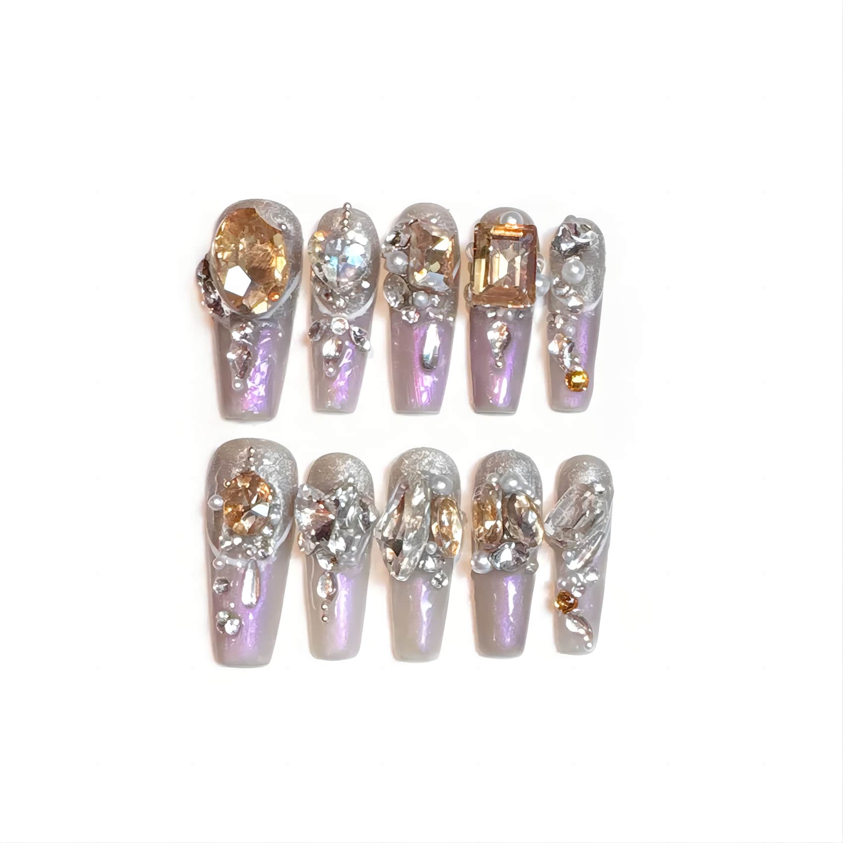 10pcs Handmade Heavy Metal False Nails with Gold Crystal Design Fake Nails - Pansytracy