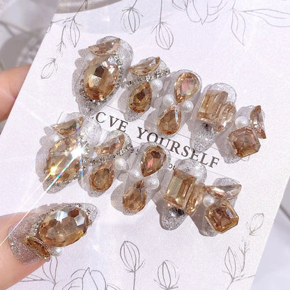 24pcs Handamde Glitter Large Crystal False Nails 3D Rhinestone Pearl Decor - Pansytracy