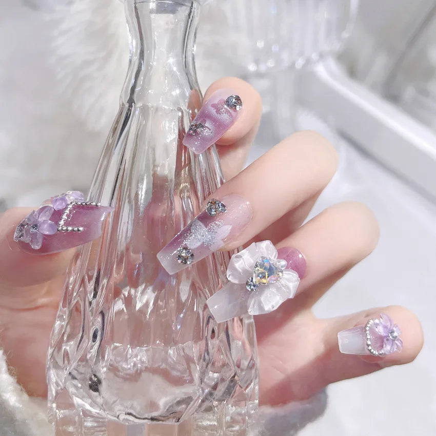24pcs Handamde Glitter Large Crystal False Nails 3D Rhinestone Pearl Decor - Pansytracy