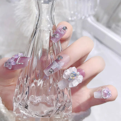 24pcs Handamde Glitter Large Crystal False Nails 3D Rhinestone Pearl Decor - Pansytracy