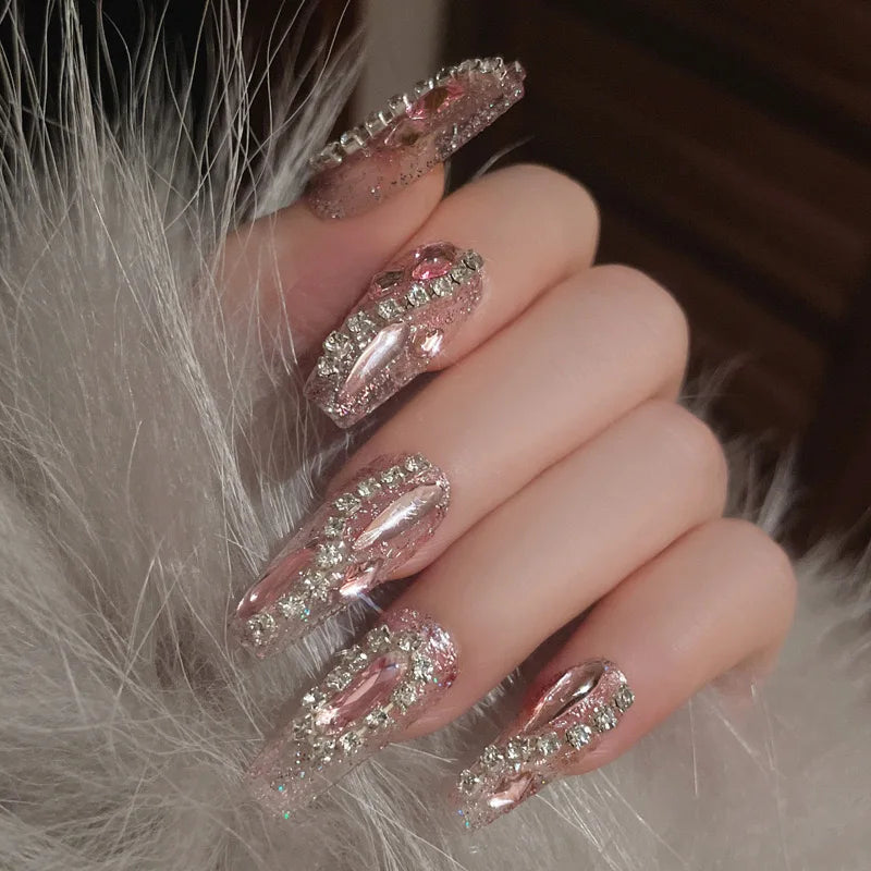 24pcs Handamde Large Crystal False Nails 3D Rhinestone Pearl Decor - Pansytracy