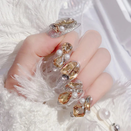 24pcs Handamde Glitter Large Crystal False Nails 3D Rhinestone Pearl Decor - Pansytracy