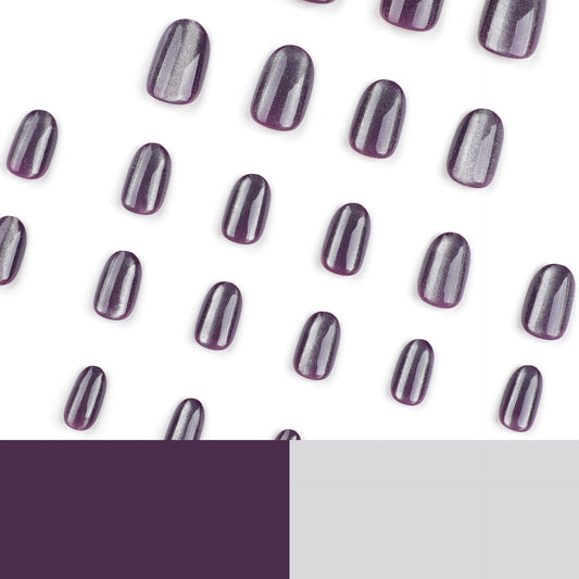 24 Pieces Short Round Press On Nails Kit Taro Purple Cat's Eye Wear Nail High-class Feeling - Pansytracy