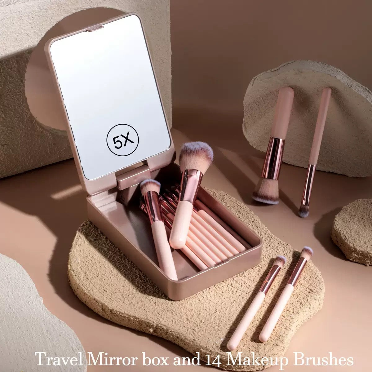 Travel Makeup Brush Set with Mirror and LED Light