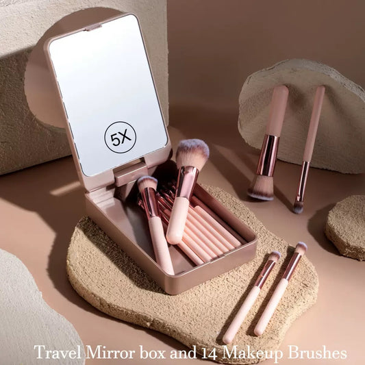 Travel Makeup Brush Set with Mirror and LED Light