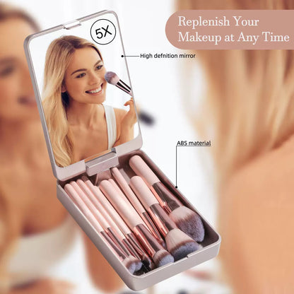 Travel Makeup Brush Set with Mirror and LED Light
