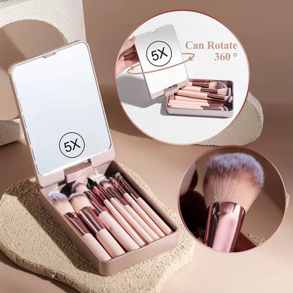 Travel Makeup Brush Set with Mirror and LED Light