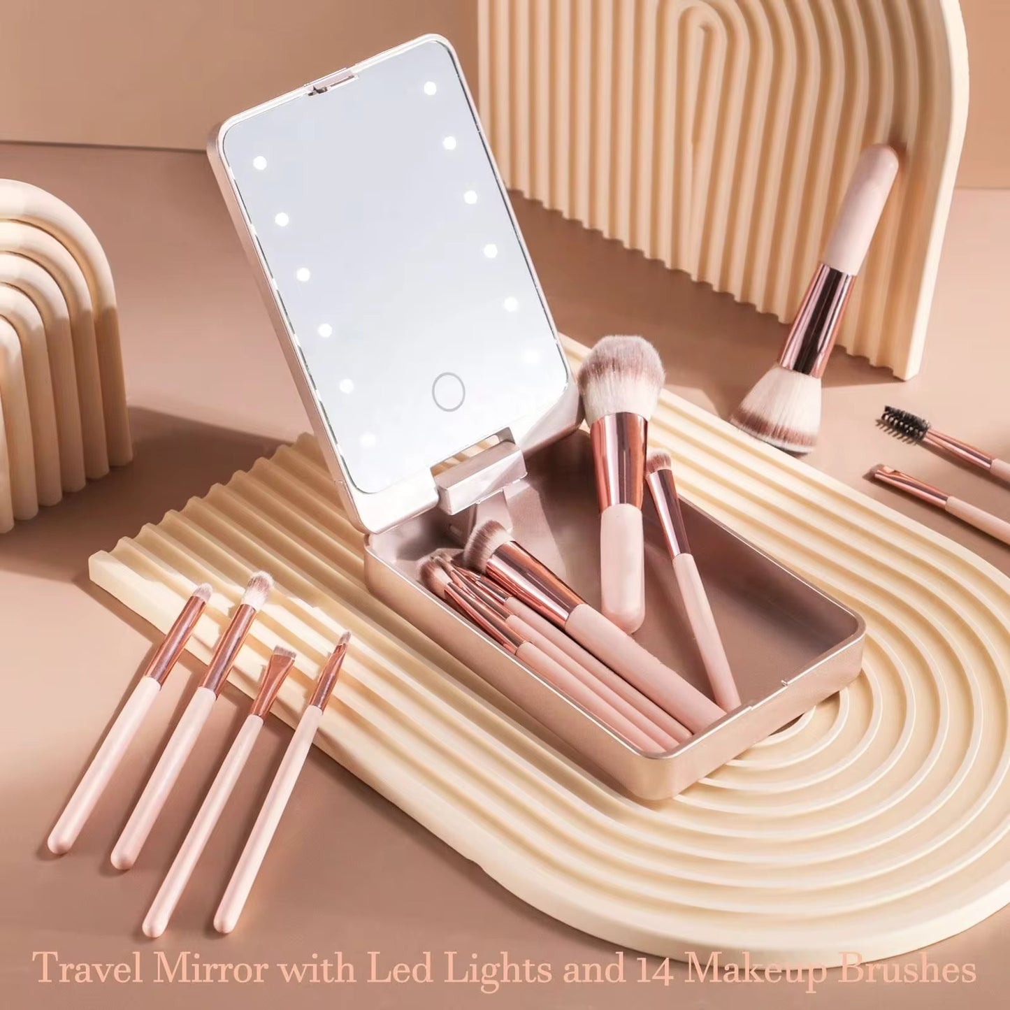 Travel Makeup Brush Set with Mirror and LED Light