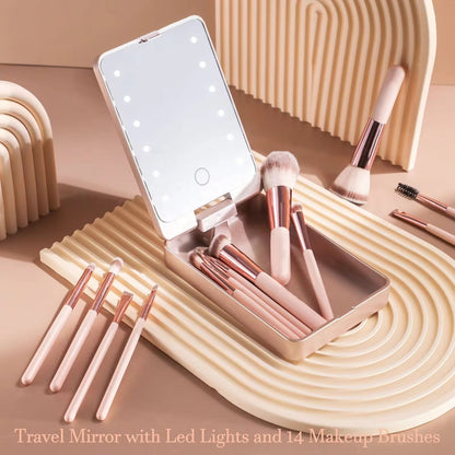 Travel Makeup Brush Set with Mirror and LED Light