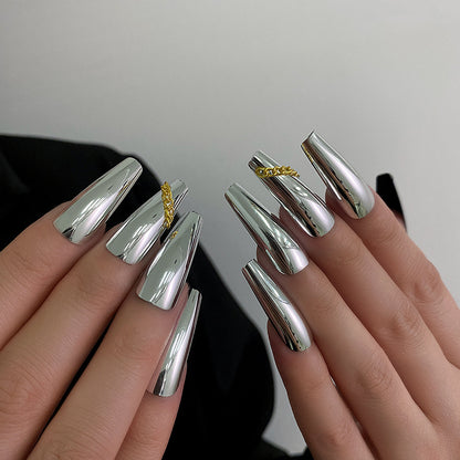 Chic Allure- Silver Glossy Chain Design 24 Pieces 12 Sizes T-Shape Long Wearable Nail Art Set with Jelly Nail Glue - Pansytracy